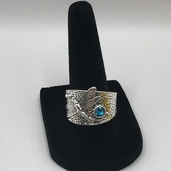 Dragonfly Ring Hammered Metal Style Blue Rhinestone Silver Tone Size 11 - Picture 7 of 13
